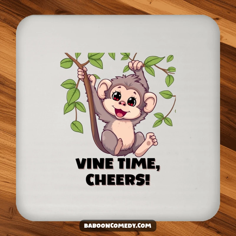 Funny Kawaii baboon drink coaster, showing a happy primate swinging from a vine, adding a touch of playful decor and surface protection.
