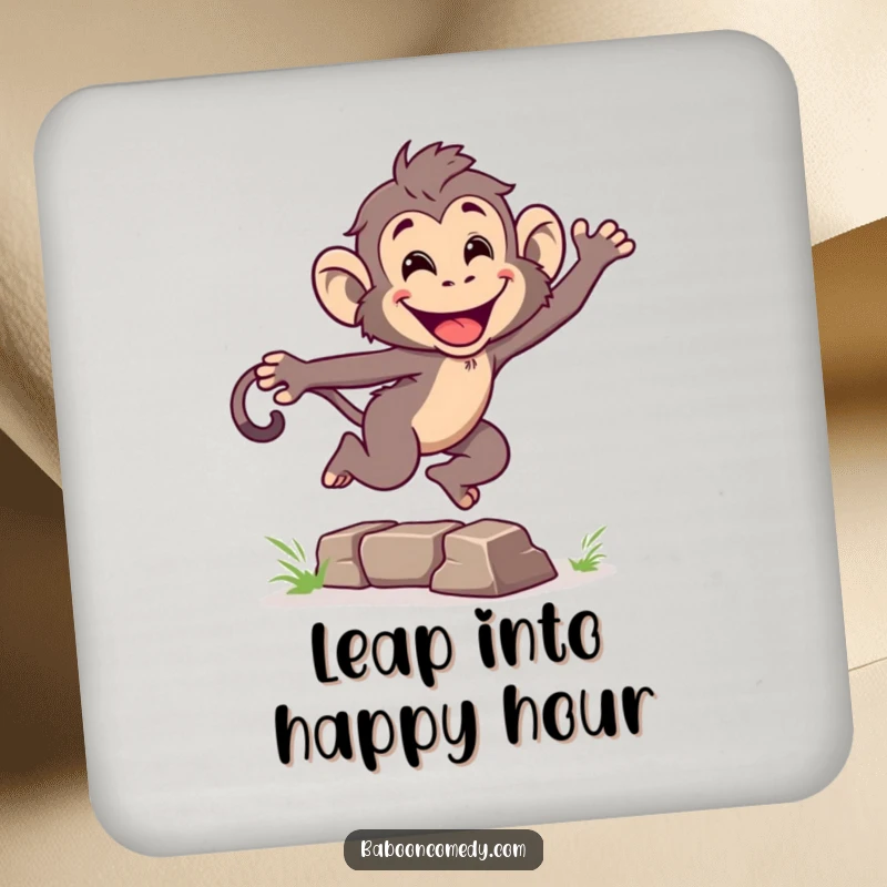Funny drink coaster featuring an energetic baboon leaping over a small obstacle with a grin, adding primate-themed action to drink settings.