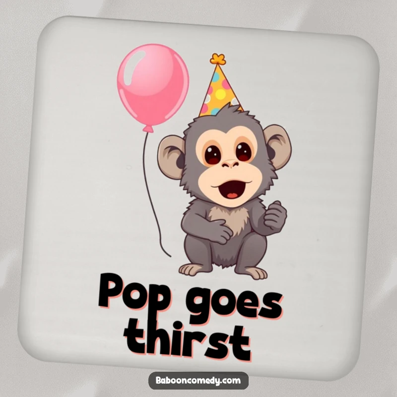 Funny drink coaster featuring a surprised baboon in a party hat holding a balloon, a festive touch for any table.
