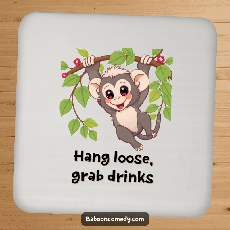 Funny Coaster: Cute kawaii baboon swinging from a vine, protecting surfaces with adorable, playful jungle flair.