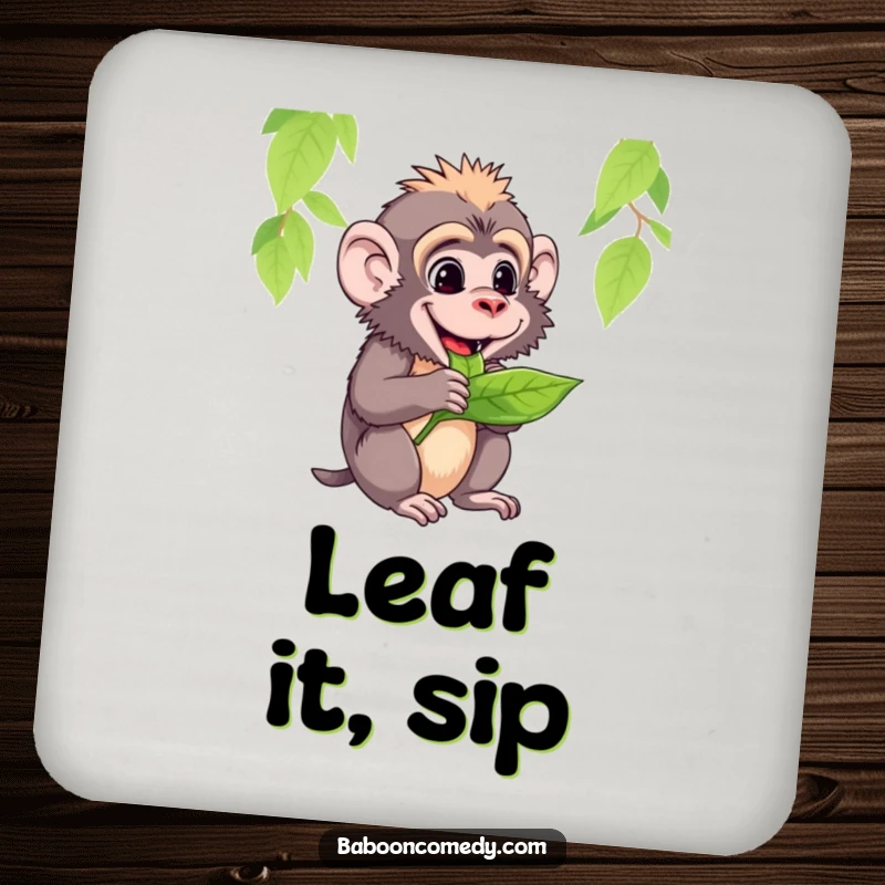 Funny coaster depicting a baboon contentedly chewing a tasty leaf, adding a serene touch to surfaces.