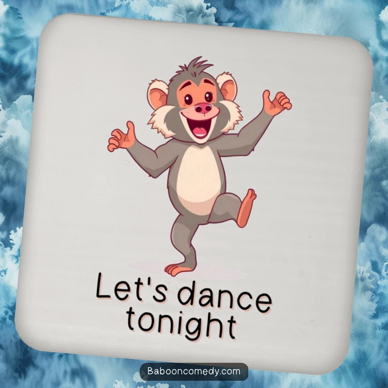 Funny kawaii baboon drink coaster, an energetic primate doing a silly dance on its hind legs, adding fun protection.