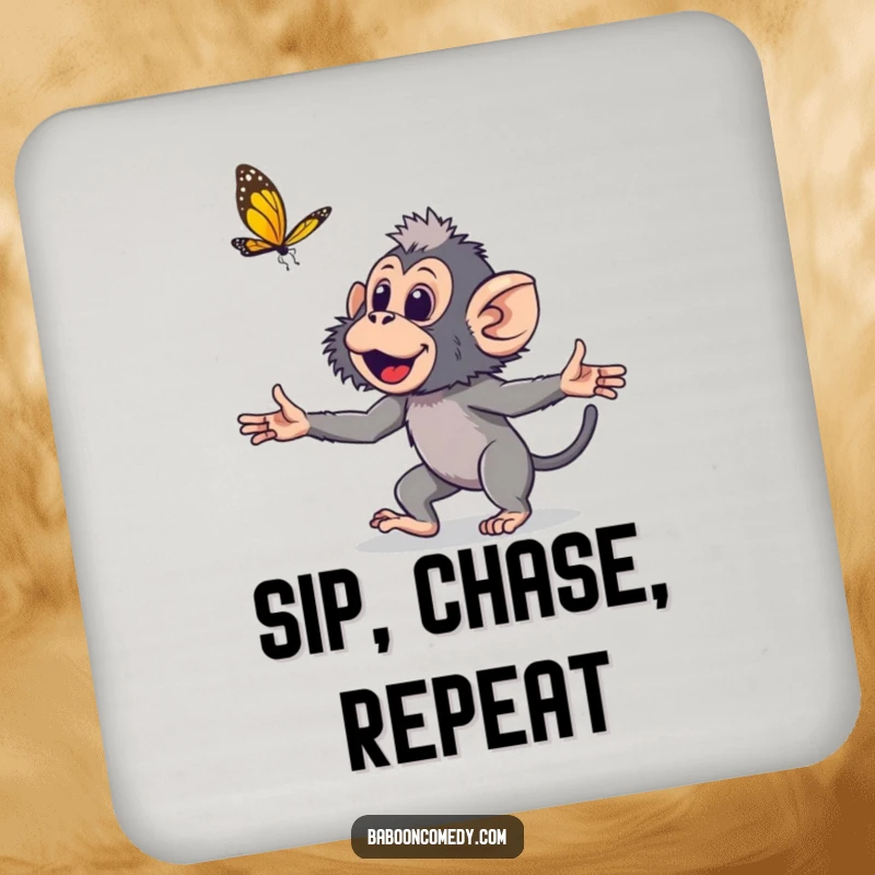 Funny young baboon drink coaster, a cute primate playfully chasing a butterfly, adding a touch of whimsical fun to table protection.