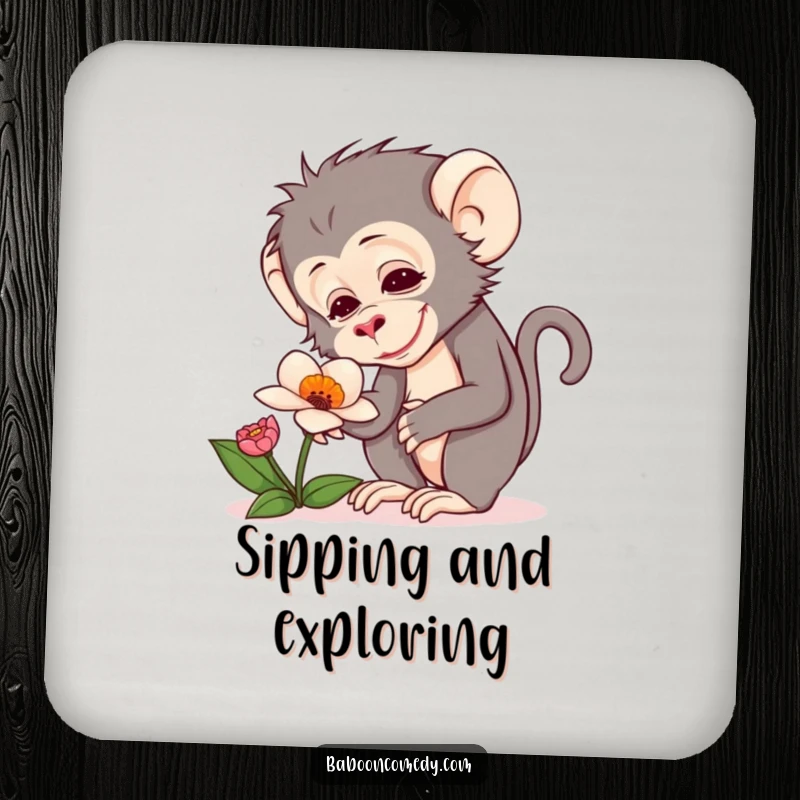 Funny drink coaster showing a baboon with a delighted expression curiously inspecting a unique flower.