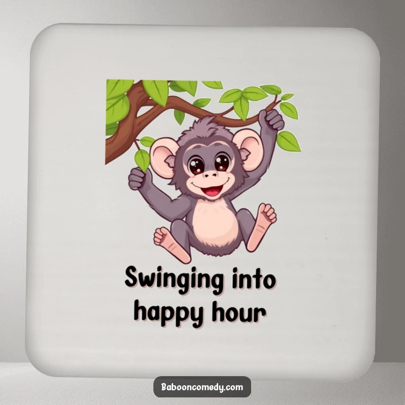 Funny drink coaster featuring a baboon with wide, happy eyes swinging from a vine, adding charm.