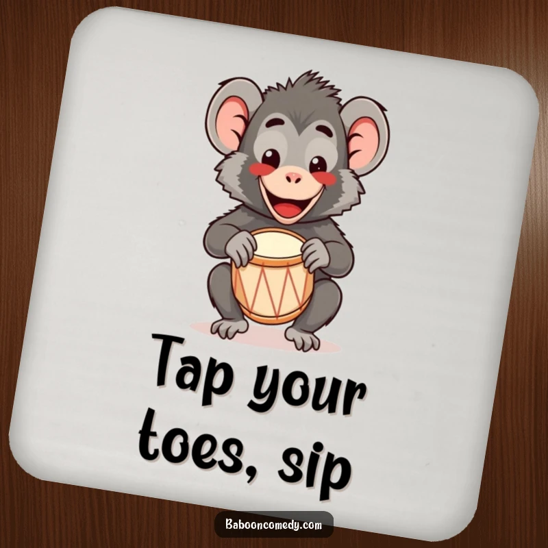 Funny Kawaii Baboon Coasters: A happy kawaii baboon plays a tiny drum with a wide smile, protecting surfaces with cute charm.