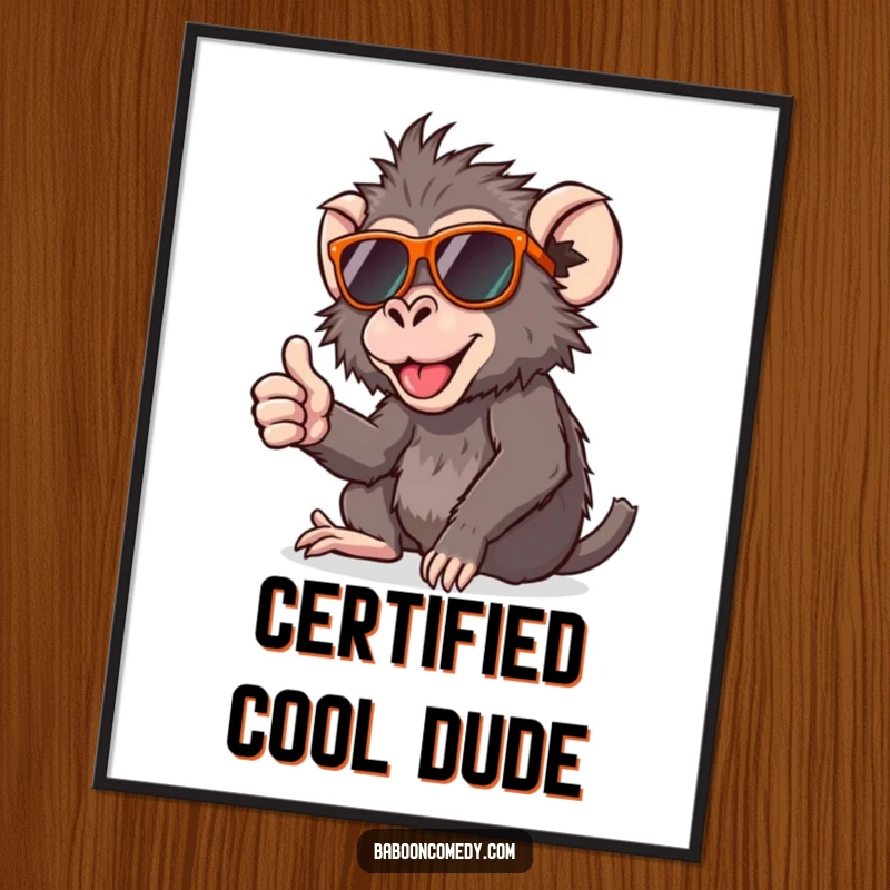 Funny poster depicting a stylish baboon in sunglasses offering a cheerful thumbs-up, adding humor to any wall.