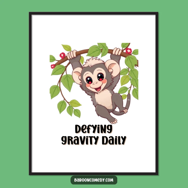Funny Kawaii Baboon Vine Swing Poster: Jungle Fun Art!
