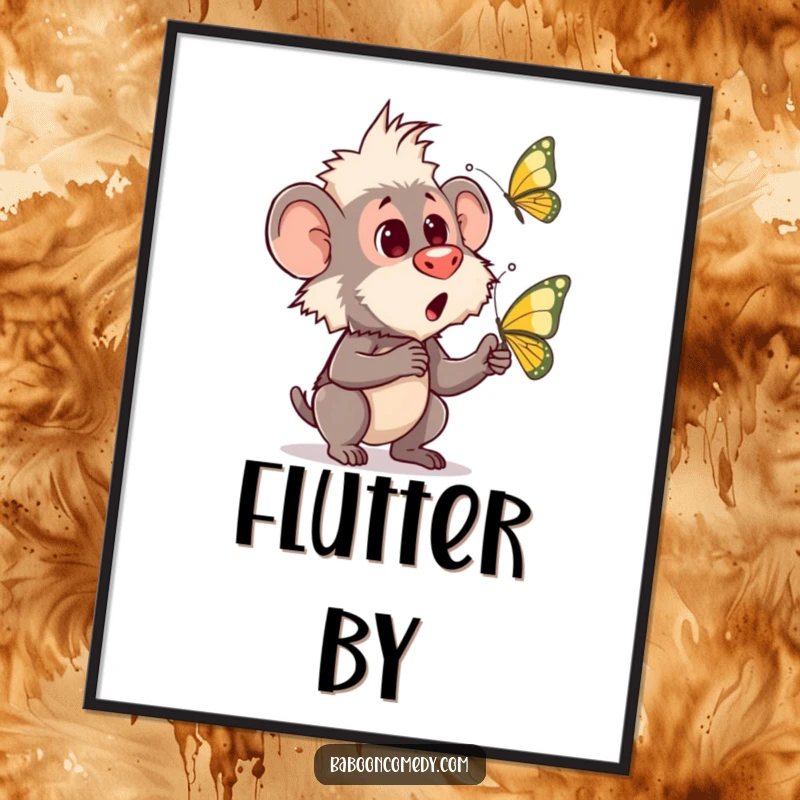Funny poster showing a baboon’s wide-eyed surprise at a fluttering butterfly, creating a whimsical and heartwarming scene.
