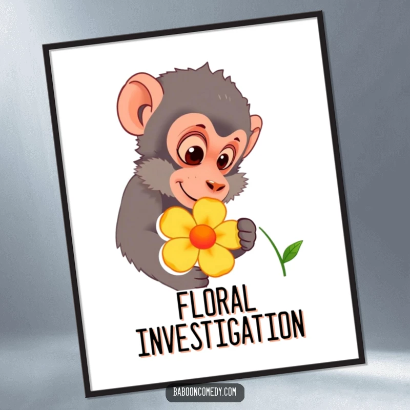 Funny baboon character curiously inspecting a colorful flower, presented as a delightful poster. Ideal wall art for living rooms and studies.