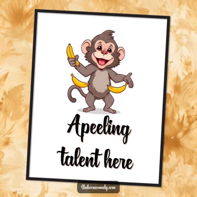 Funny baboon poster, a skilled primate happily juggling a stack of bananas, illustrating impressive dexterity and primate charm.