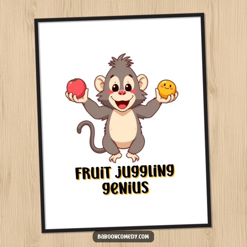 Funny baboon poster illustrating a skilled primate gleefully juggling three bright, round fruits, adding a touch of playful art.