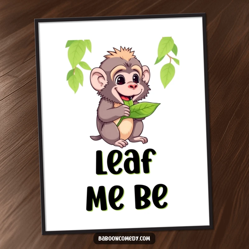 Funny poster of a baboon contentedly chewing a delicious green leaf, radiating happiness and tranquility.
