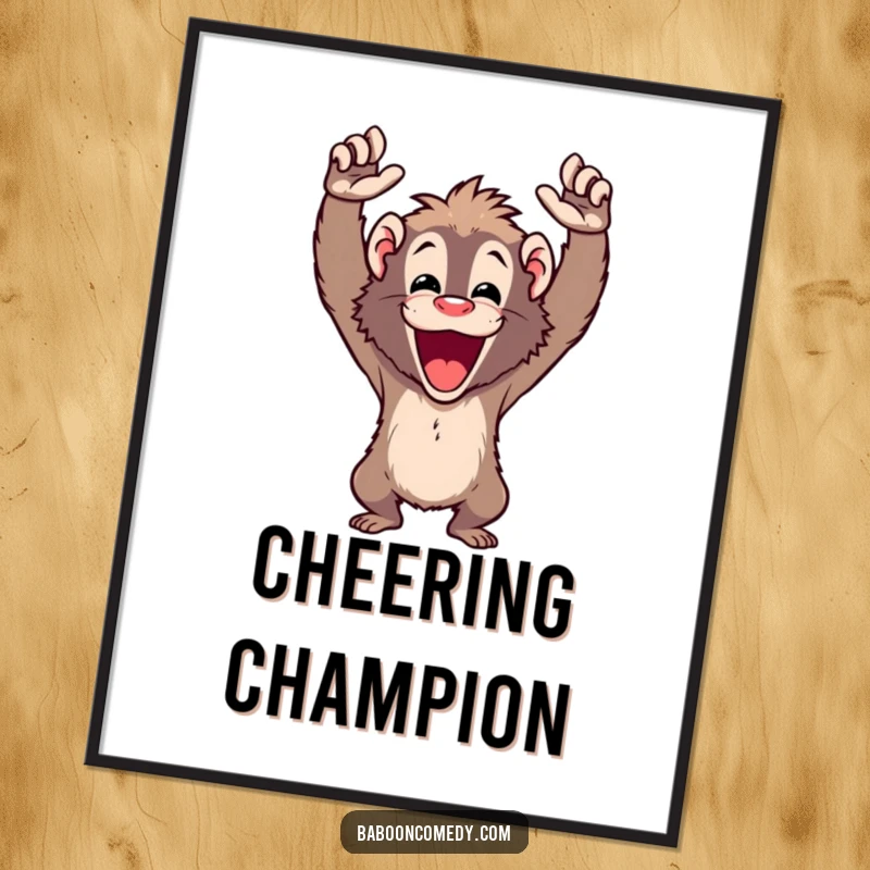 Funny cheering baboon poster showing a primate with arms raised high in a powerful cheer, ideal for celebration art.