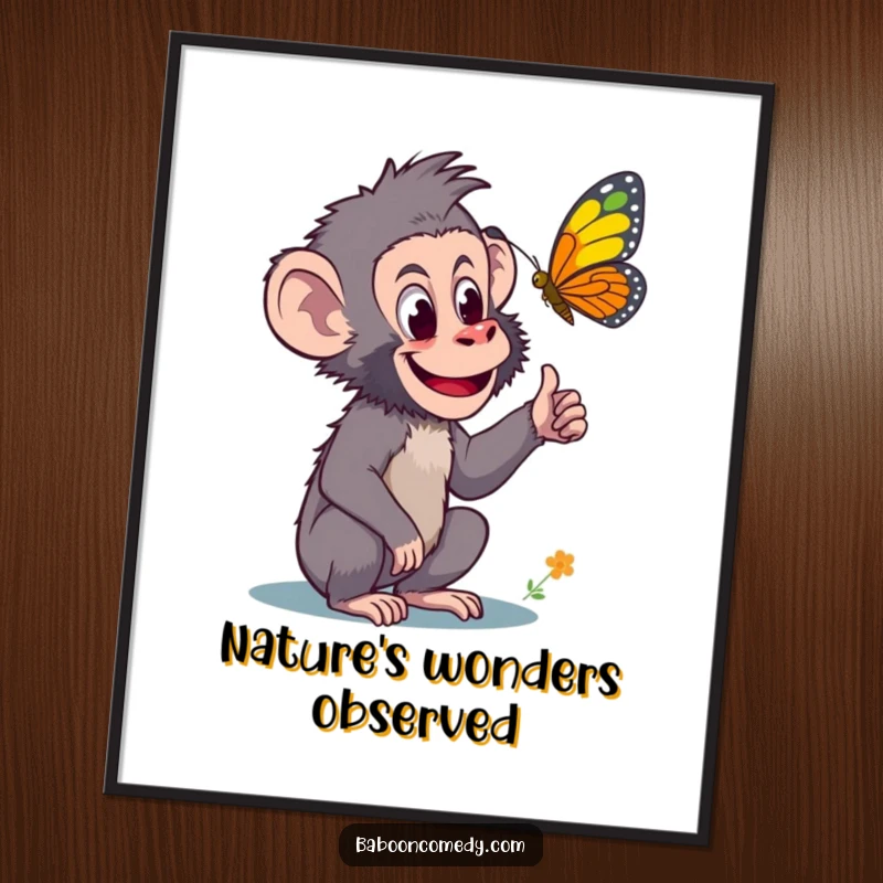 Funny poster capturing a curious baboon pointing with excitement at a vibrant, colorful butterfly, embodying the joy of discovery and natural beauty.