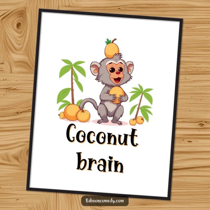 Funny kawaii baboon poster art depicting a primate wobbling with a precarious stack of coconuts balanced on its head.