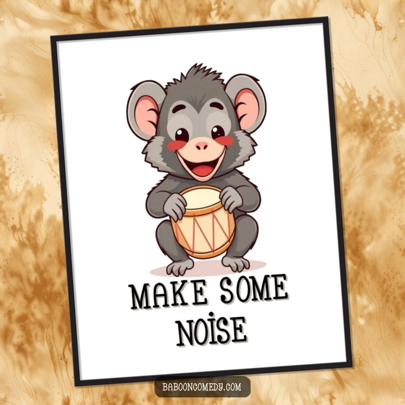 Funny Kawaii Baboon Poster: A happy kawaii baboon plays a tiny drum with a wide smile, bringing adorable, cheerful energy to walls.