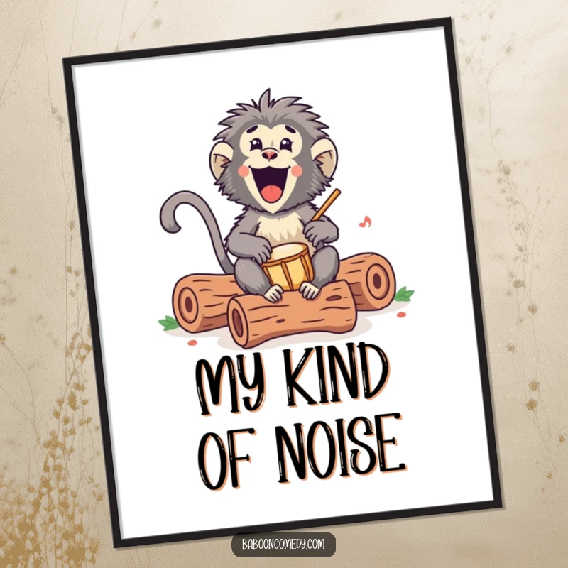 Funny Kawaii baboon poster, artfully capturing a primate excitedly drumming on hollow logs with a happy, infectious rhythm, vibrant wall decor.