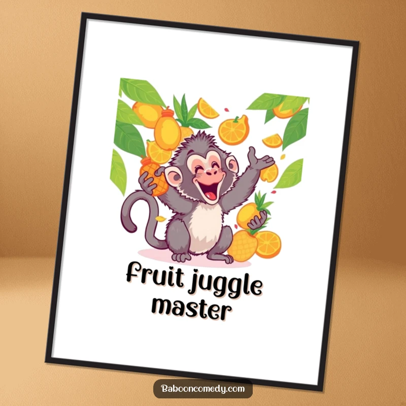 Funny kawaii baboon poster, joyfully tossing and catching tropical fruits with vibrant colors and a happy, playful mood.