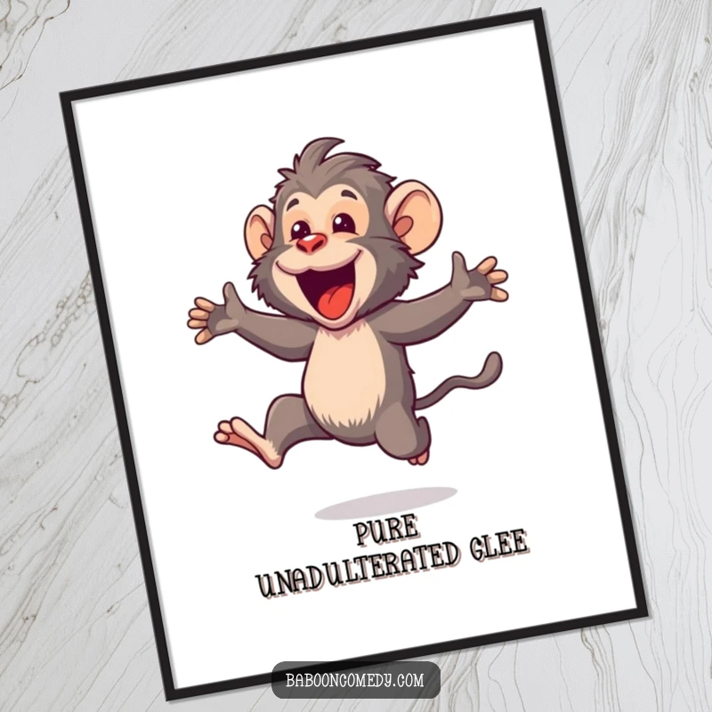 Funny Kawaii baboon poster, capturing a cute primate gleefully leaping with its mouth wide open, symbolizing pure, uninhibited elation.