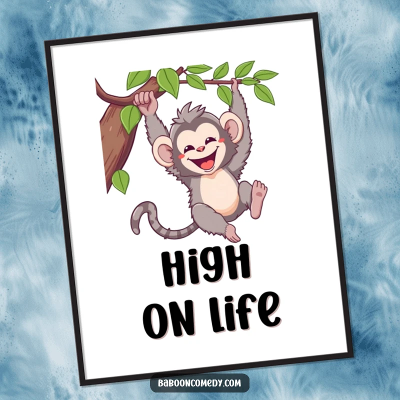 Funny kawaii baboon poster, showing a happy primate gleefully swinging from a vine with a massive grin, perfect for primate enthusiasts.