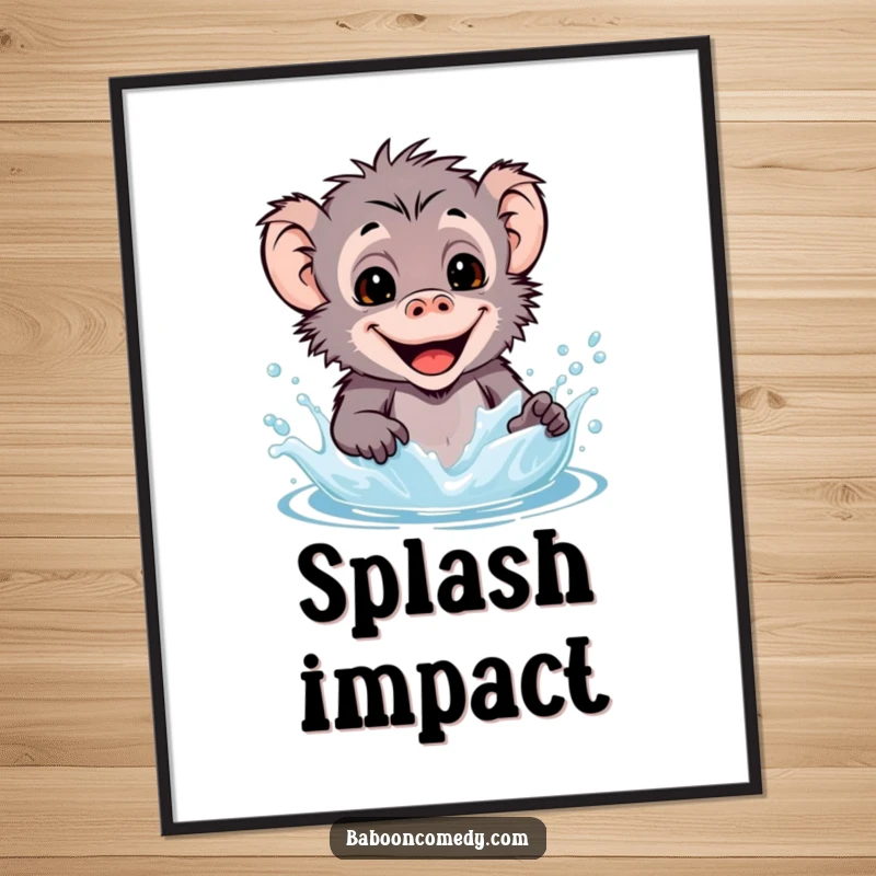 Funny kawaii baboon poster art depicting a smiling primate joyfully splashing water, radiating happiness.