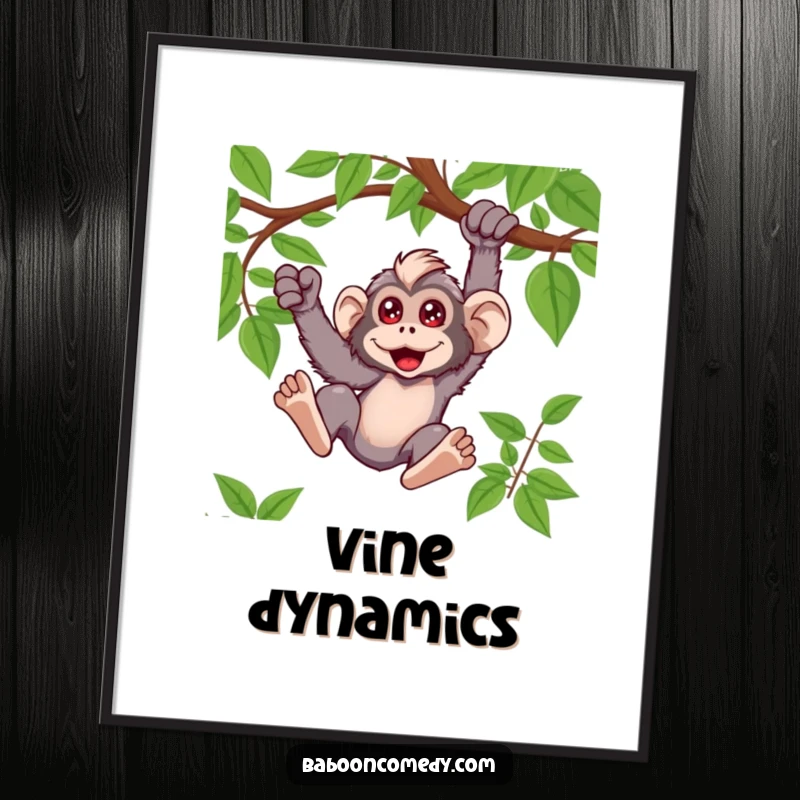 Funny kawaii baboon poster art showing a primate mid-swing on a vine, captured in a moment of exciting motion.