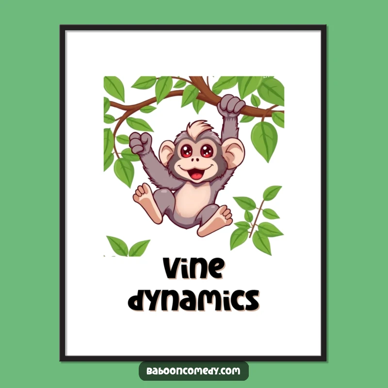 Funny Kawaii Baboon Swinging Poster - Primate Action Art Print