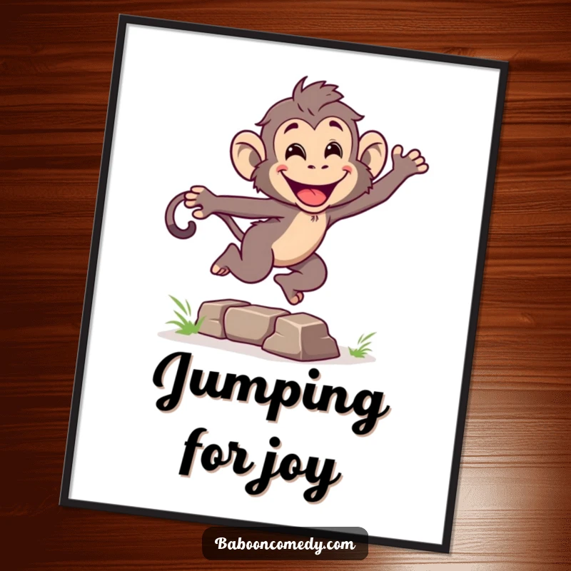 Funny poster of an energetic baboon mid-leap over a small obstacle, with a wide grin, showcasing primate athleticism and joyful spirit.