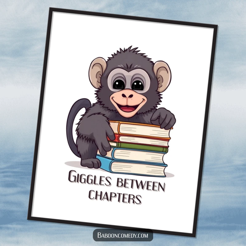 Funny poster showing a mischievous baboon peeking over a stack of books and giggling, inspiring curiosity and reading.