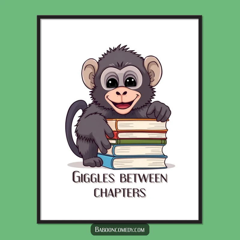 Funny Mischievous Baboon Book Poster - Giggling Reader Wall Art, Unique Funny Gift Decor