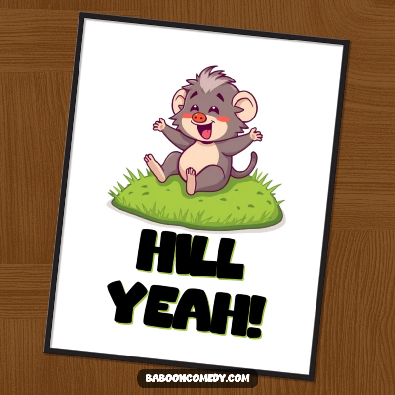 Funny Kawaii Baboon Poster: Dynamic illustration of a happy baboon sliding down a hill, full of energy and glee on your wall.