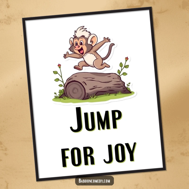 Funny poster of a baboon captured in the midst of an energetic jump over a small log, highlighting athleticism.