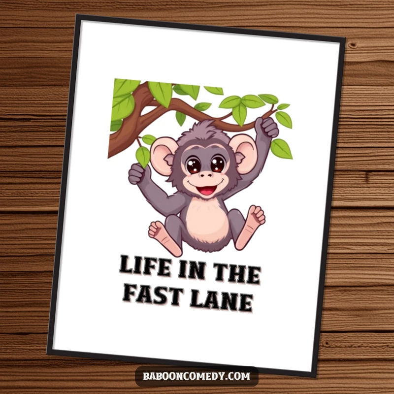 Funny poster capturing a baboon with wide, excited eyes mid-swing from a vine, embodying pure, unadulterated joy.