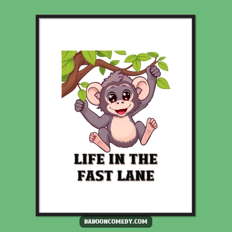 Funny Baboon Vine Swing Poster: Wild Art, Wide Eyed Joy, Perfect Funny Gift