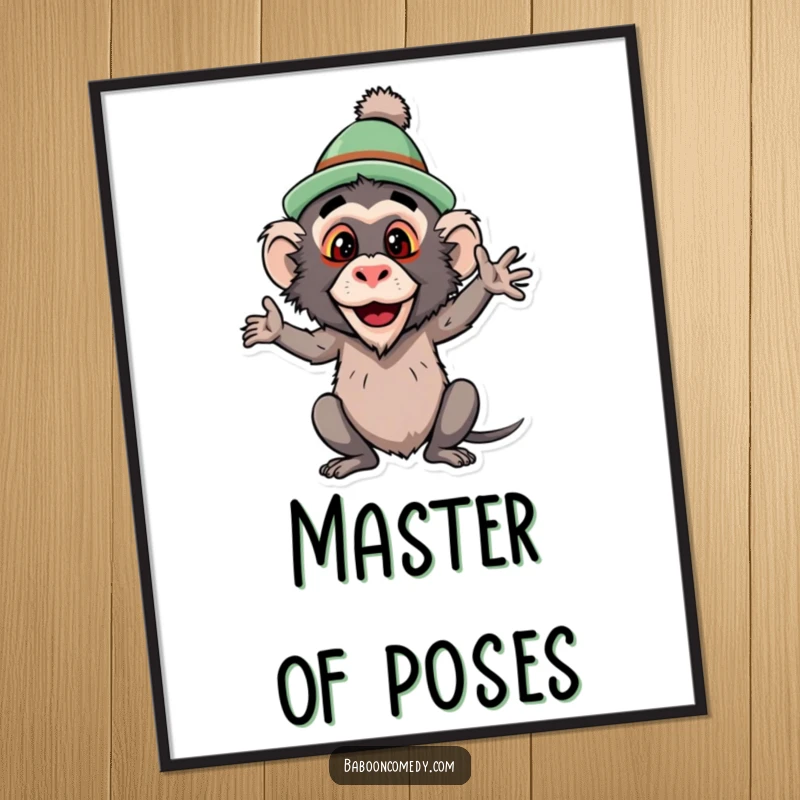 Funny baboon poster, a primate wearing an outlandish silly hat and striking a bold, humorous pose, designed to bring joy and laughter.