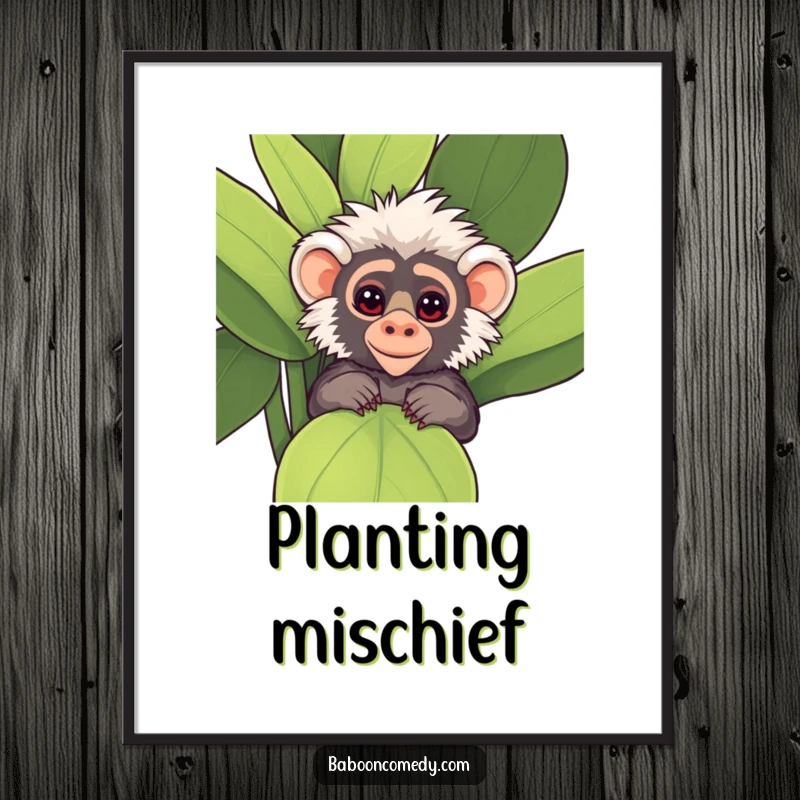 Funny Kawaii Baboon Poster, showing a cute baboon peeking mischievously from behind a large, leafy plant.