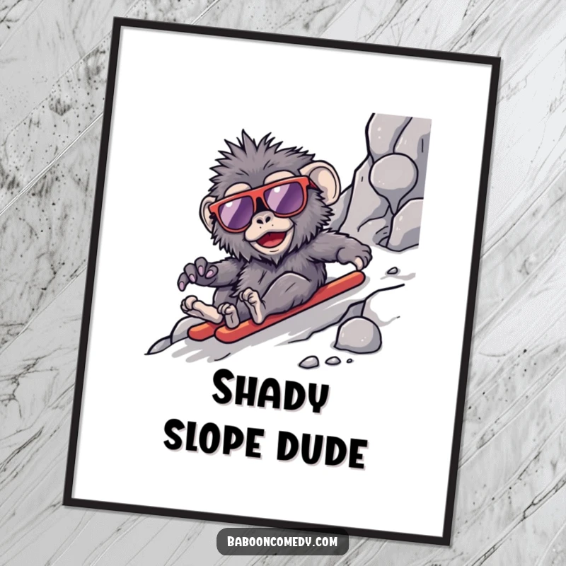 Funny kawaii baboon poster, a cool primate with sunglasses sliding down a rocky slope, capturing a moment of exhilaration.