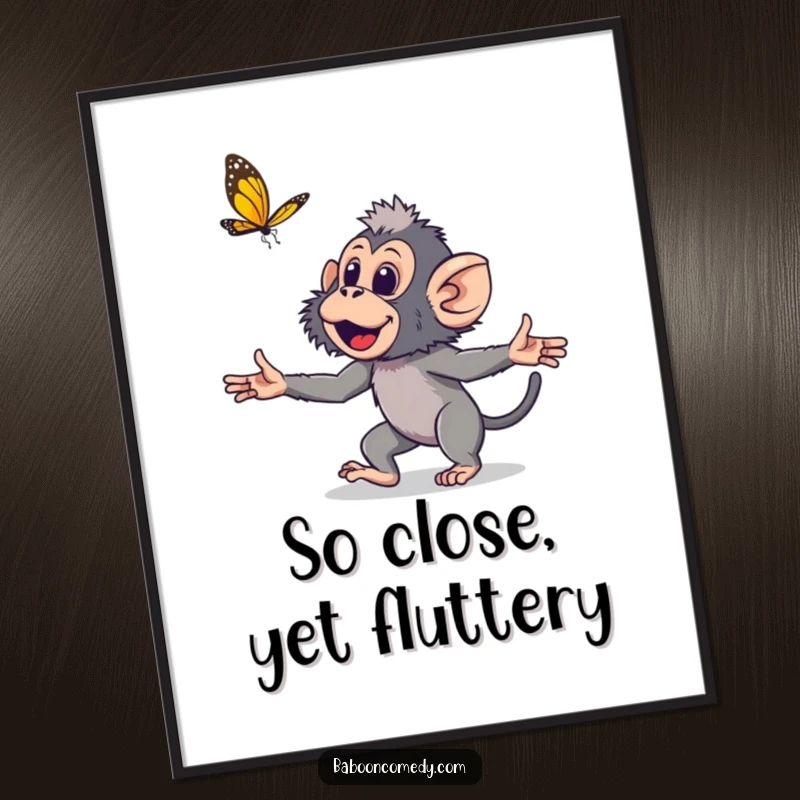 Funny young baboon poster, a cute primate joyfully reaching for a butterfly, symbolizing playful innocence and lighthearted exploration.