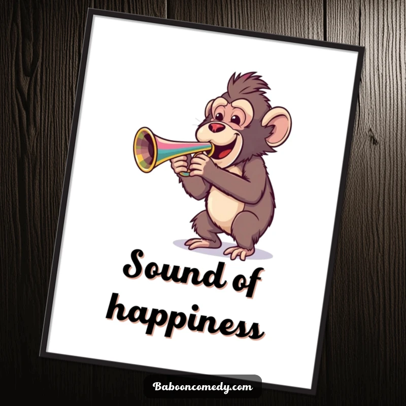 Funny poster featuring a cheerful baboon enthusiastically playing a large, colorful trumpet, a decorative piece full of musical mirth.