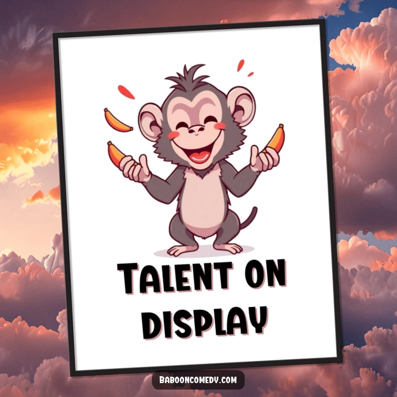 Funny poster print of an amused baboon with expert skill juggling bright red bananas, capturing a moment of pure primate entertainment.