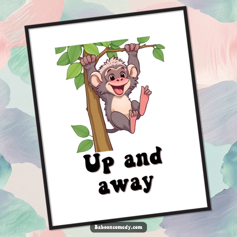 Funny baboon character swinging enthusiastically from a vine, presented as a colorful poster. Ideal wall art for living rooms and offices.