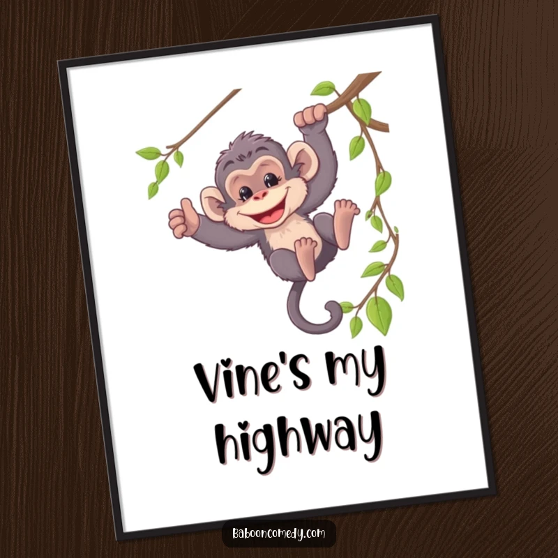 Funny poster of a mischievous baboon swinging energetically from a vine, a vibrant piece of jungle-themed art.