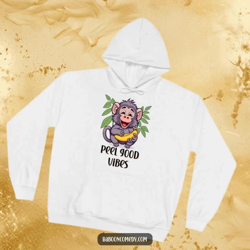 Funny Kawaii Baboon Hoodie, featuring a happy baboon sharing a bunch of ripe bananas with an open palm.