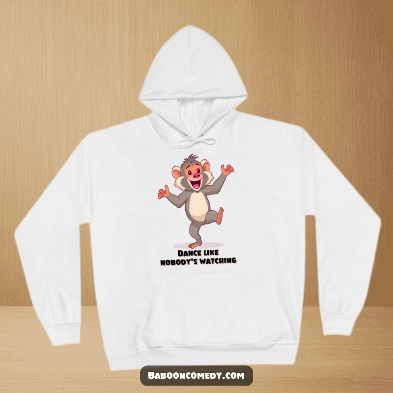 Funny kawaii baboon hoodie, a lively primate energetically dancing on its hind legs with a goofy, joyful expression.
