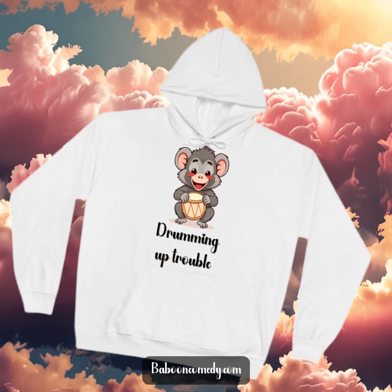 Funny Kawaii Baboon Hoodie: A happy kawaii baboon plays a tiny drum with a wide smile, designed for cozy, cute, and humorous comfort.