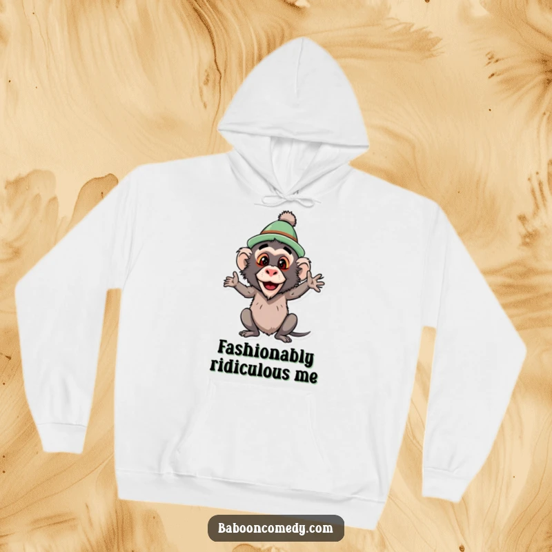 Funny baboon hoodie, a primate sporting a bizarrely funny hat and striking a dramatic, hilarious pose, designed for cozy laughs.