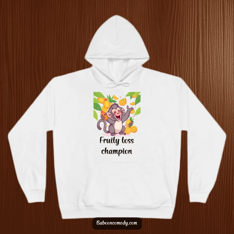 Funny kawaii baboon in a hoodie, happily tossing and catching tropical fruits with an infectious, gleeful expression.