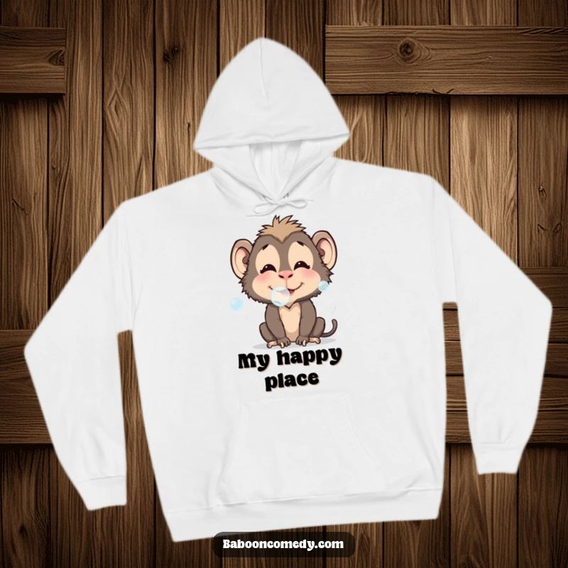 Funny baboon hoodie featuring a character blowing bubbles, offering cozy comfort and playful charm, a sweet funny gift.