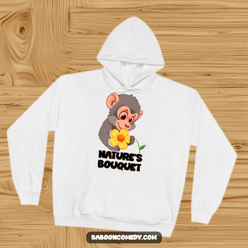 Funny baboon curiously inspecting a colorful flower, depicted on a warm hoodie. Great for outdoor adventures and cozy relaxation.